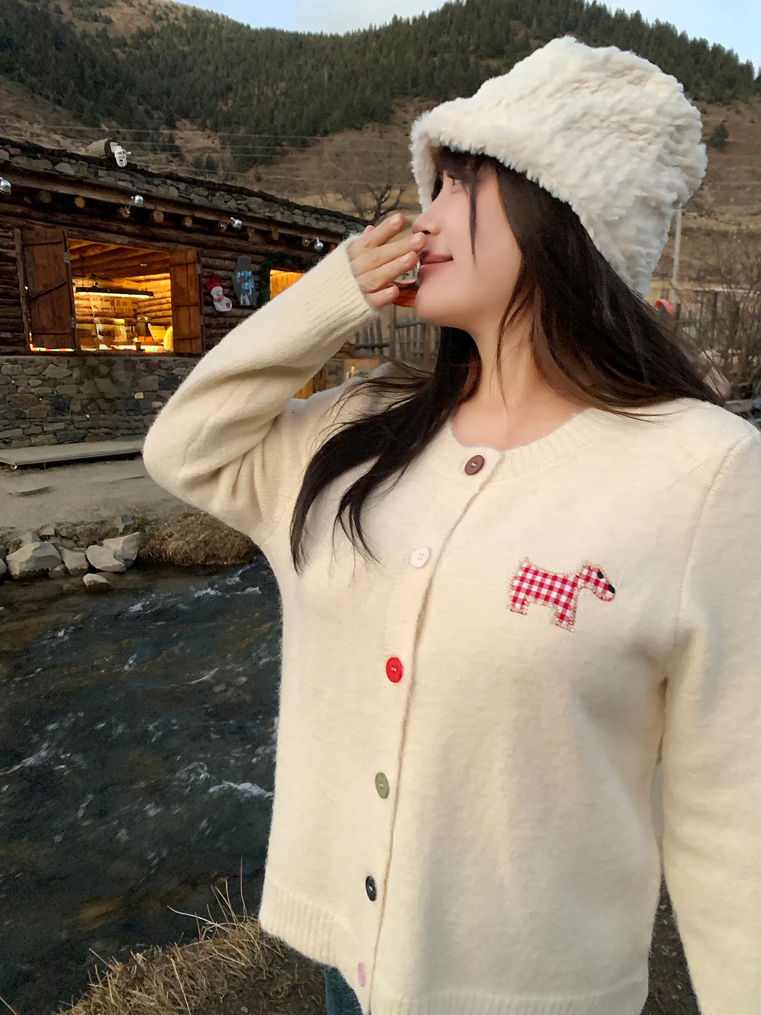 

Thiened Knitted round Ne Open Cardigan Sweater for plus Size Women Winter New Arrival Cartoon Dog Print Warm Outerwear