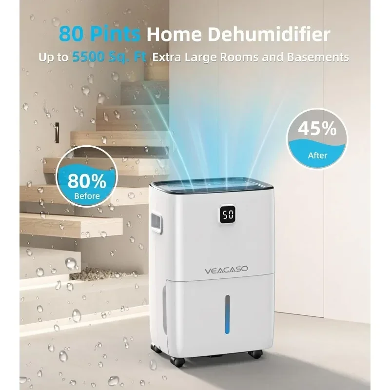 VEAGASO Basement Dehumidifier with Drain Hose, Large Room Bathroom, with Water Tank, Intelligent Humidity Control