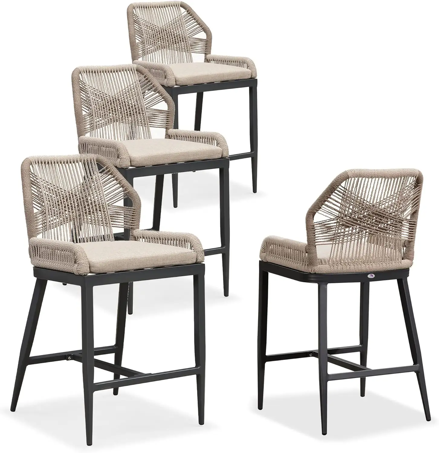 

Counter Height Bar Stools Set of 4 Rattan Wicker Outdoor Metal Boho Barstools with Back and Footrest Patio Garden