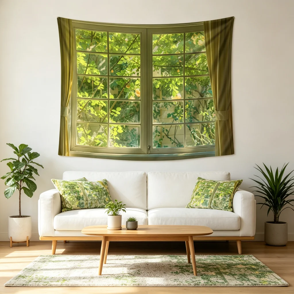 1PC Window Green Leaves View Art Print Backdrop Banner, Bedroom Living Room Photo Background, Polyester, Home Decor, Wall Art