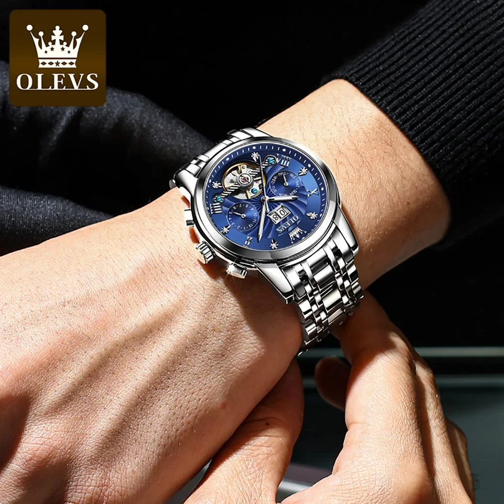 OLEVS 9910 Luxury Skeleton Men\'s Wristwatches Automatic Mechanical Watch for Men Stainless Steel Waterproof Original Man Watches