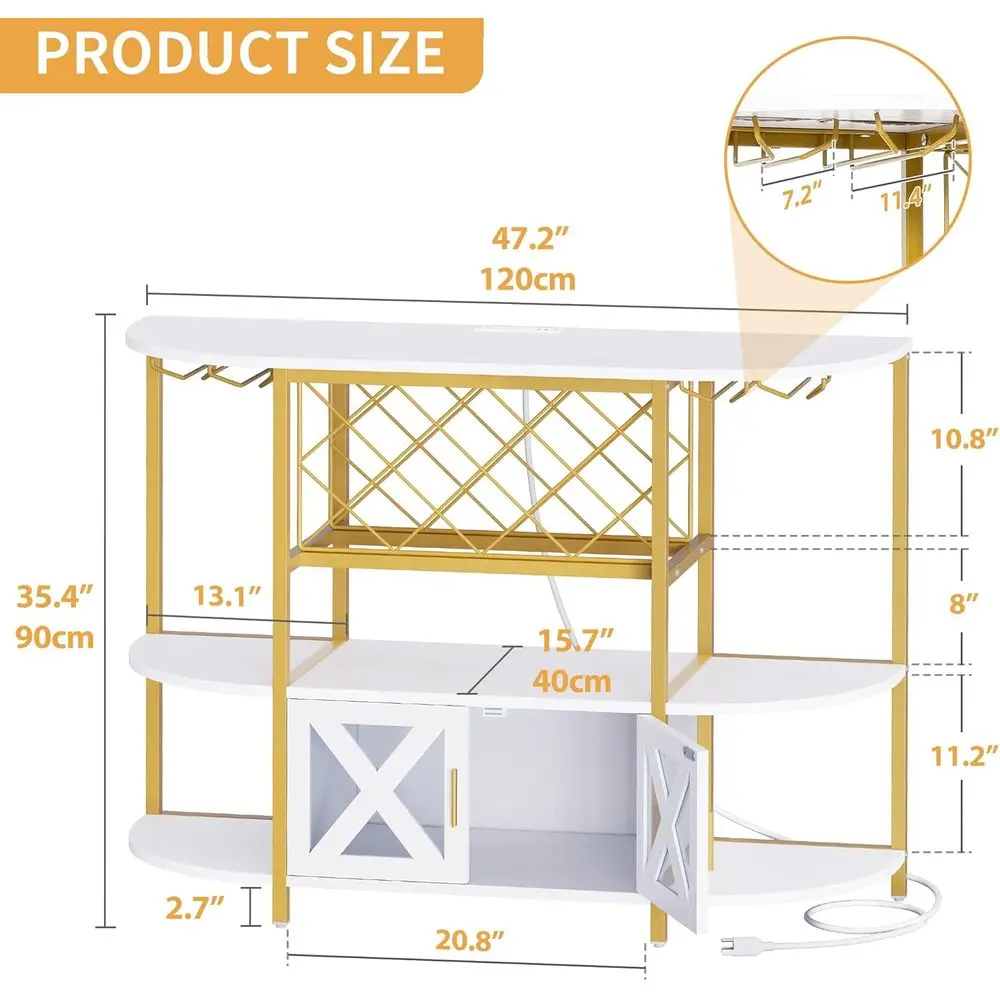 Illuminated Bar Cabinet with 4-Tier Storage, Outlets, Wine Rack, and Glass Holders in Gold