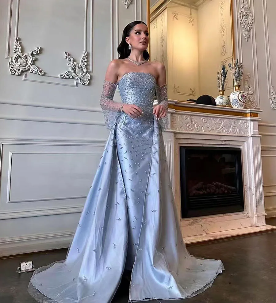 2025 Elegant Evening Dress Wedding Dress Plus Size Shiny Pearls Robe De Soirée Train Prom Gown Formal Occasion Dress Custom