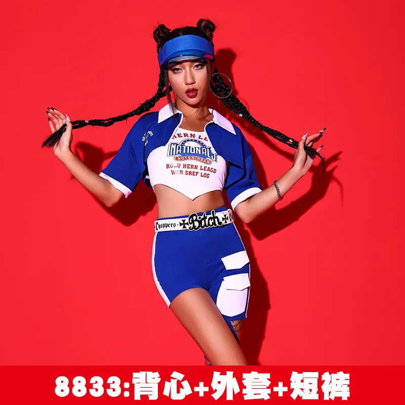 

Blue White Korean Idol Group Dance Wear Cheerleader Uniform Hip Hop Nightclub Stage Show Festival Rave Outfit Jazz