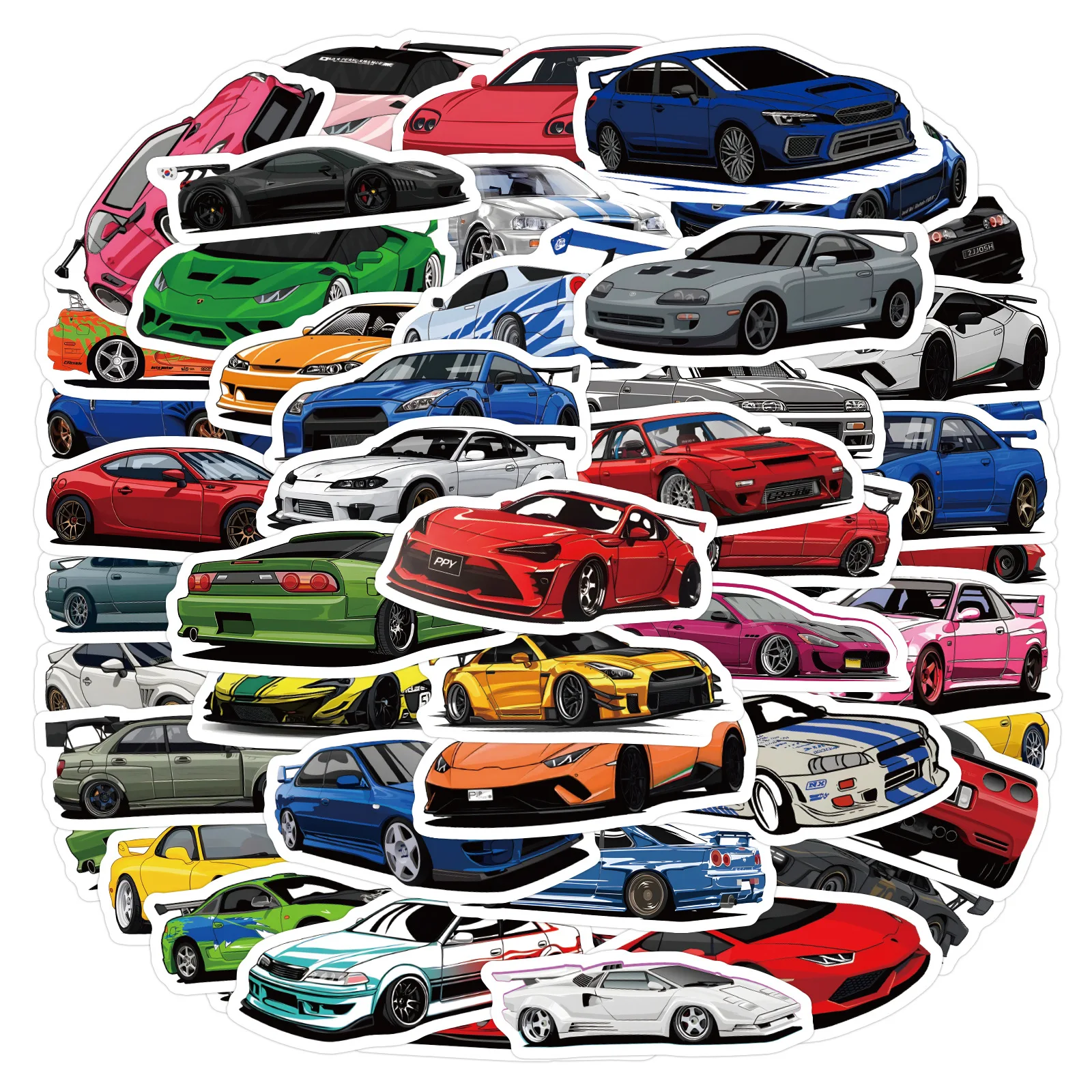 60pcs Cartoon Car JDM Sports Car Stickers Decals for Phone Laptop Handbook Stationery Notebook Skateboard Waterproof Stickers