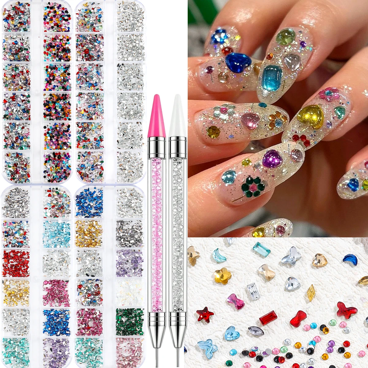 12-Grid Mini Nail Art Rhinestone Set – Assorted Micro Acrylic Irregular Flat-Back Gems, Includes Rhinestone Picker Pen