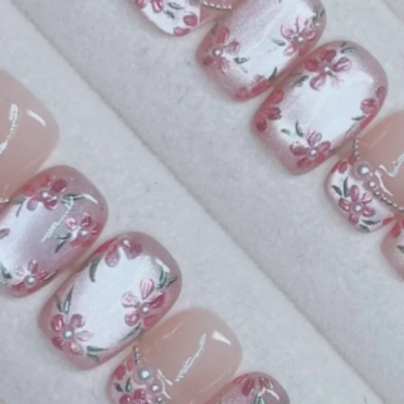 10 pezzi di eleganza floreale fatta a mano per unghie a pressione in stile francese con occhi di gatto e perle scintillanti per donne e ragazze, consigli giornalieri per nail art