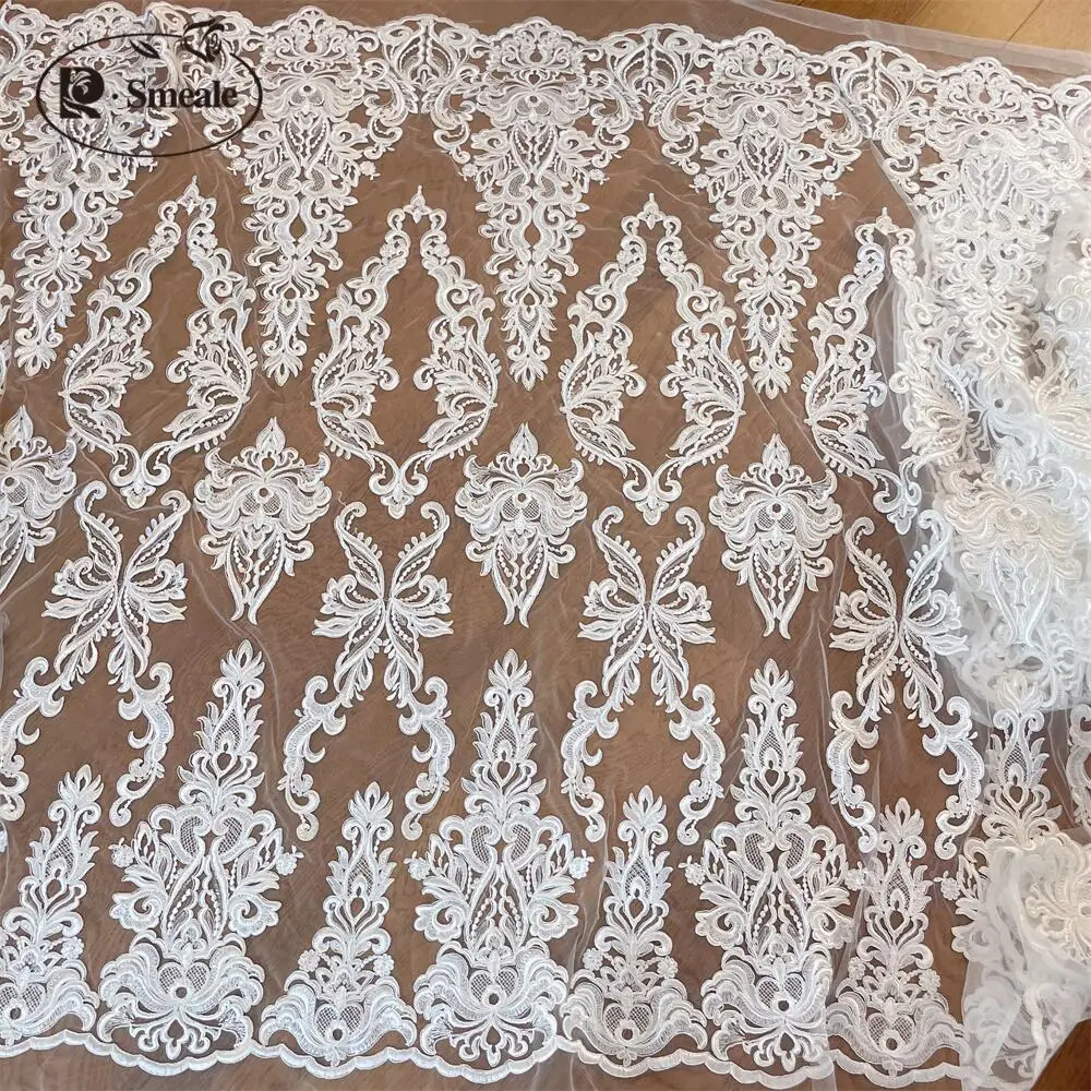 Tessuto di pizzo ricamato con paillettes, accessori fai da te per abiti da sposa, fiori bianco sporco, RS4043