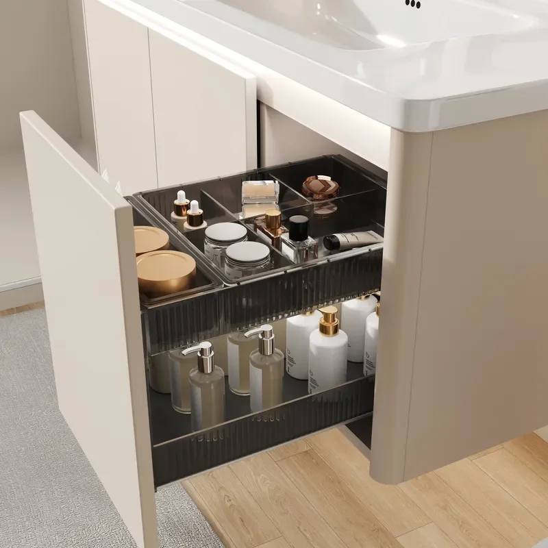Bathroom Cabinet with Ceramic Integrated Basin Washbasin Vanity Unit with Storage Basket for Modern Bathroom Sink Combo