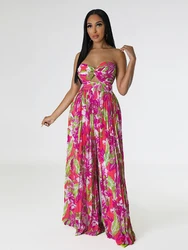 Floral Printed Sleeveless Off Shoulder Jumpsuit Summer Backless Fashion Contrasting Colors Women's High Waisted Casual Leg Pants