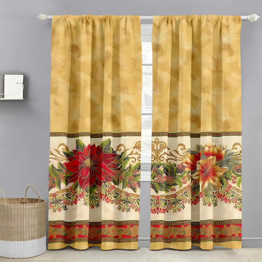 2PCS Digital Print Curtains, Gold Feather Texture Background Poinsettia Flowers Ornate Scroll Border Red, Luxurious Elegant Styl