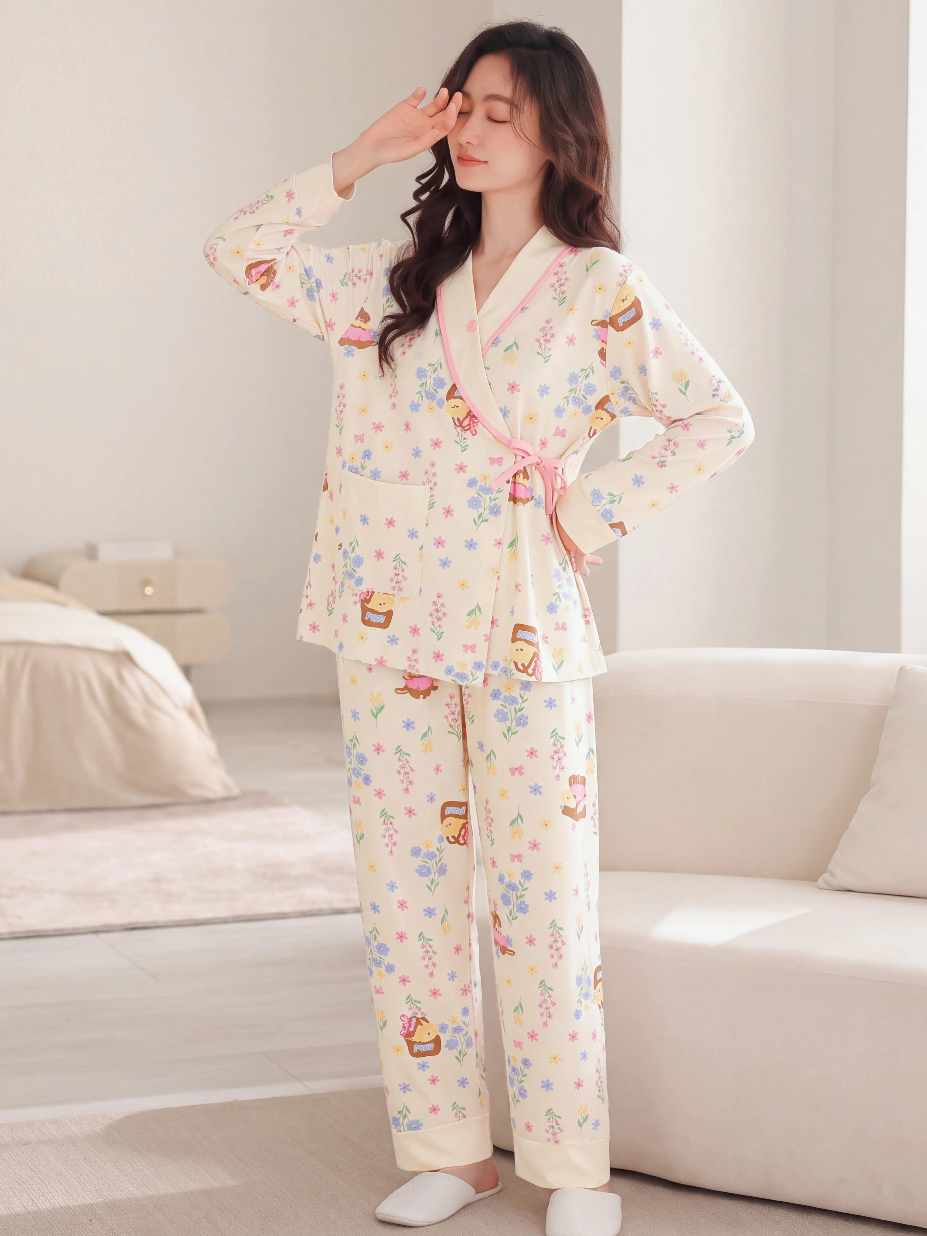 pure-cotton-sweat-absorbing-maternity-sleepwear-set-with-breastfeeding-band-and-chest-pad-home-clothes-for-postpartum-women