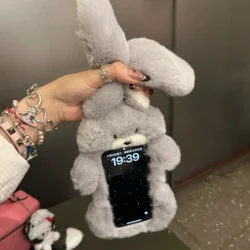 Cute Fluffy Plush Long Ears Rabbit Phone Case for iPhone 15 14 13 12 Pro Max 11 16pro 17 Pro Girls Furry Cartoon Protector Cover
