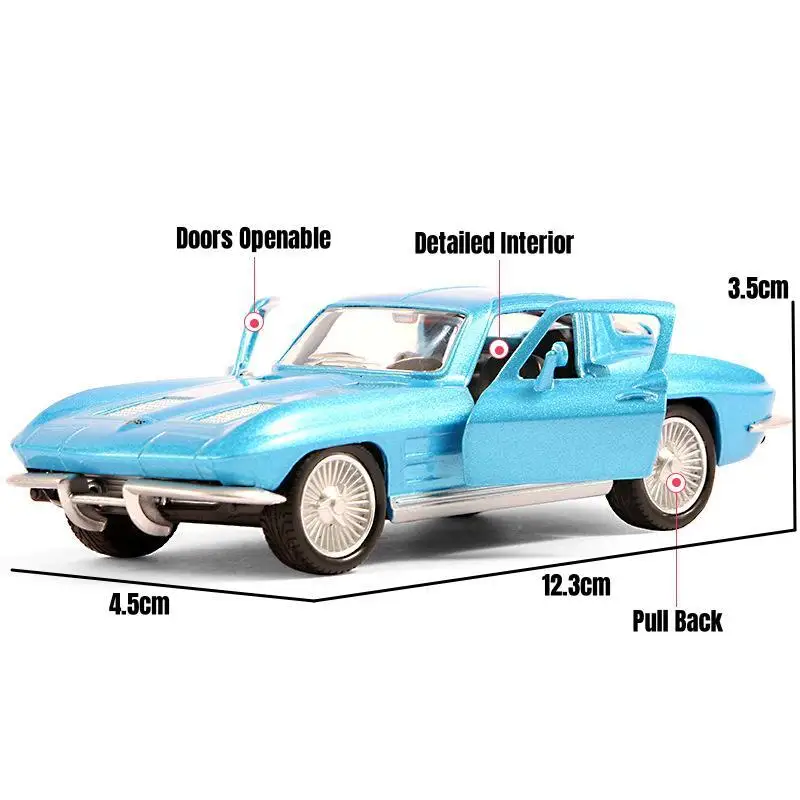 1/36 Chevrolet Corvette Stingray 1963 Toy Car Model For Children RMZ CiTY Diecast Miniature Pull Back Collection Gift Kid Boy