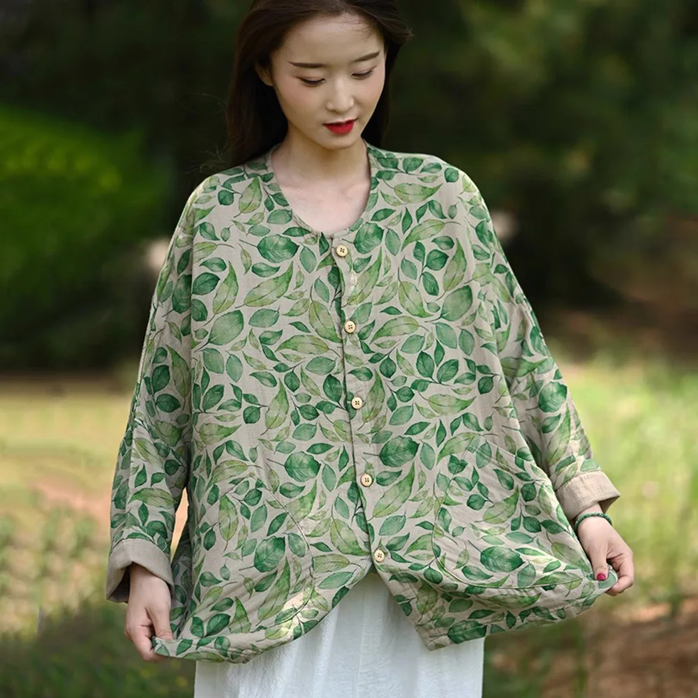 

Country Style Women Button Cotton Blouse Long Sleeve Jacket Vintage Printed Round Collar Lightweight Loose Short Coat Pocket