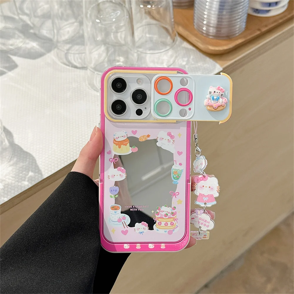 

Cute Hello Kitty Cat Push Pull Camera lens with hide fold stand Case For iPhone 16 15 14 13 Pro Max Y2K girl mirror back Cover