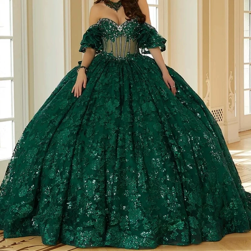 

Customized Emerald Green Women Prom Dresses Special Occasion Wear Illusion Ball Gown Long Party Vestido De xv Quinceanera AQ266