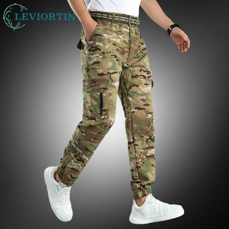 Pantaloni cargo mimetici da uomo con tasche multiple Streetwear Techwear Pantaloni tattici da pista Pantaloni grigi Pantaloni da jogging in vita elastica