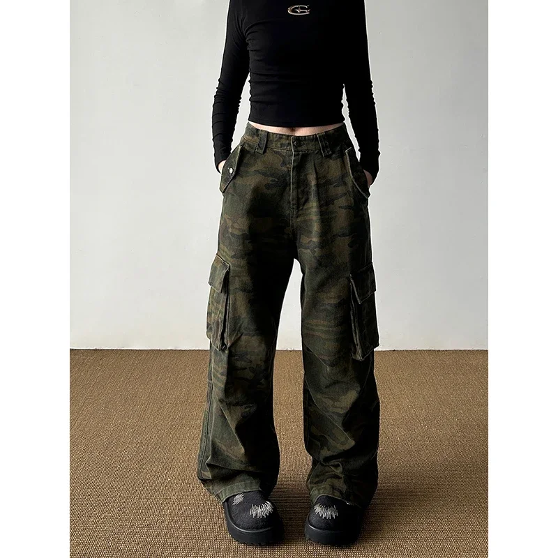 Streetwear Vintage Camouflage Jeans Women High Waist 2000s Baggy Y2K Denim Pants Hip Hop American Retro Wide Leg Pants Trouser