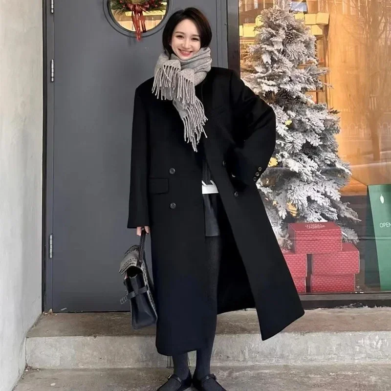 

High end Gray double-sided woolen coat women's 2025 Autumn Winter New Temperament Double row button Woolen Coats Long Overcoat