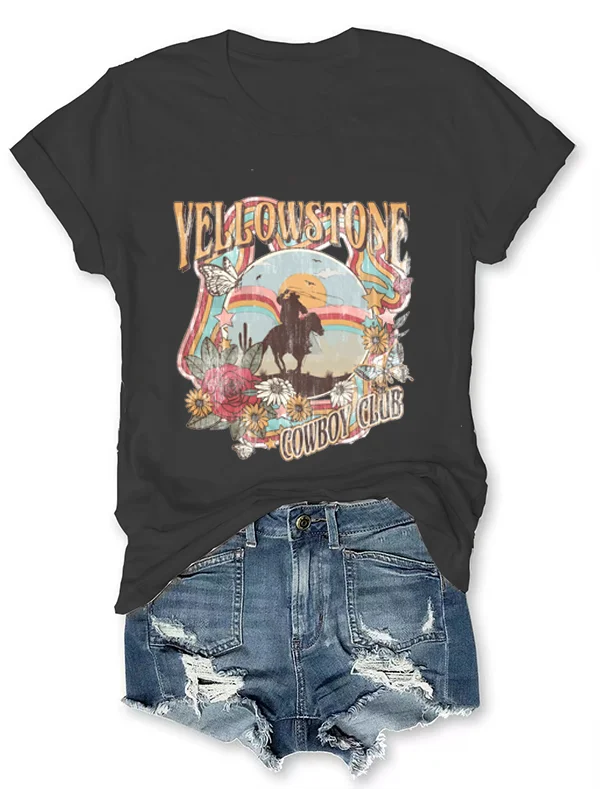 Cowboy Riding A Horse in The Garden of Dreams Print Female T-shirt Yellow Stone Coeboy Club Slogan Summer Popular Women Shirt