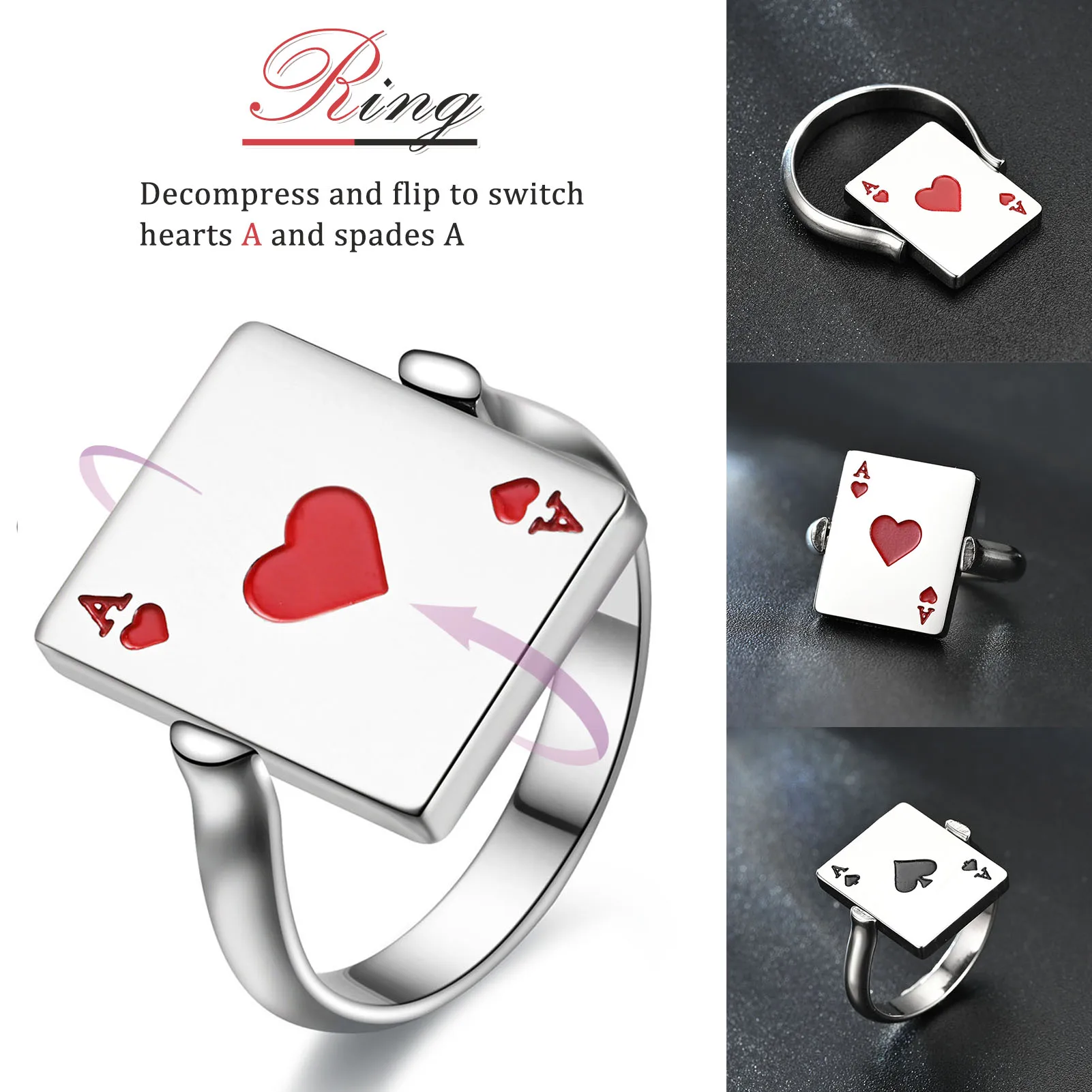 Fidget Rings for Women & Men Reversible Aces of Spades Playing Cards Rings Stackable Anxiety Rings Stress Relief Ring NA