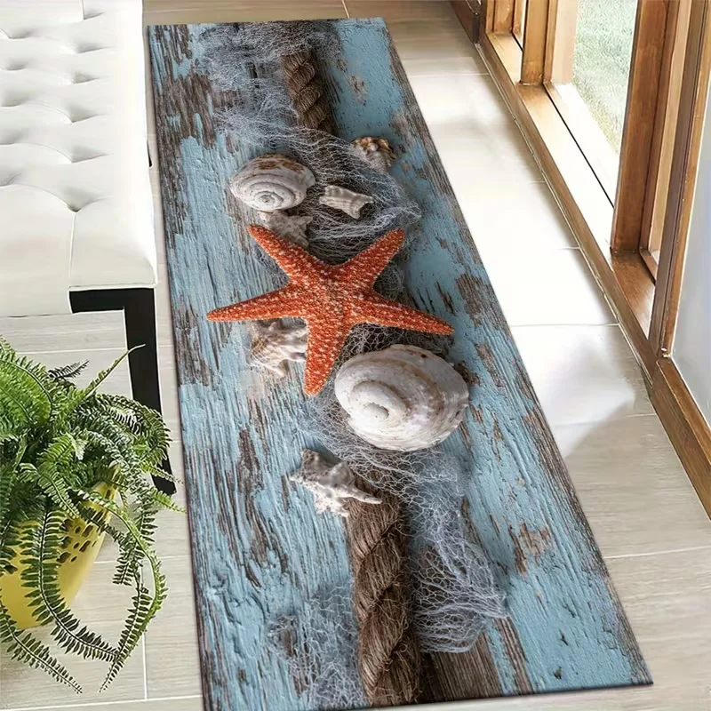 Nautical Rustic Starfish and Seashell Runner Rug Beach Themed Floor Mat Coastal Cottage Themed Soft Carpet for Kitchen