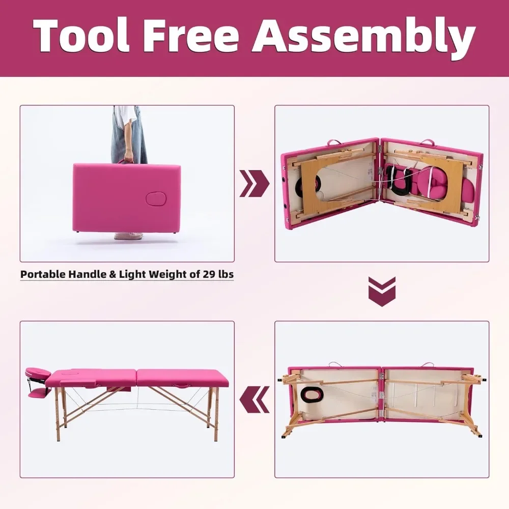 طاولة تدليك محمولة مع ملحقات ، طاولة وردية ، 29 رطل خفيفة الوزن ، قسمتان ، سرير وشم قابل للطي ، حقيبة حمل