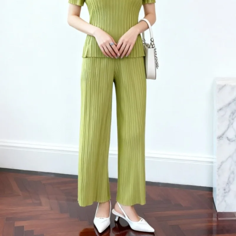 Miyake Pleated Pants Summer New Lightweight Fabric Fashion Classic Solid Color Simple Casual Women Draped Elastic Straight Pants