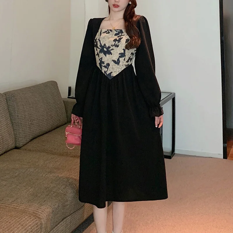

spring autumn Long Sleeve black maxi Dress korean Color matching fake two pieces casual slim Ladies dress women wedding dresses
