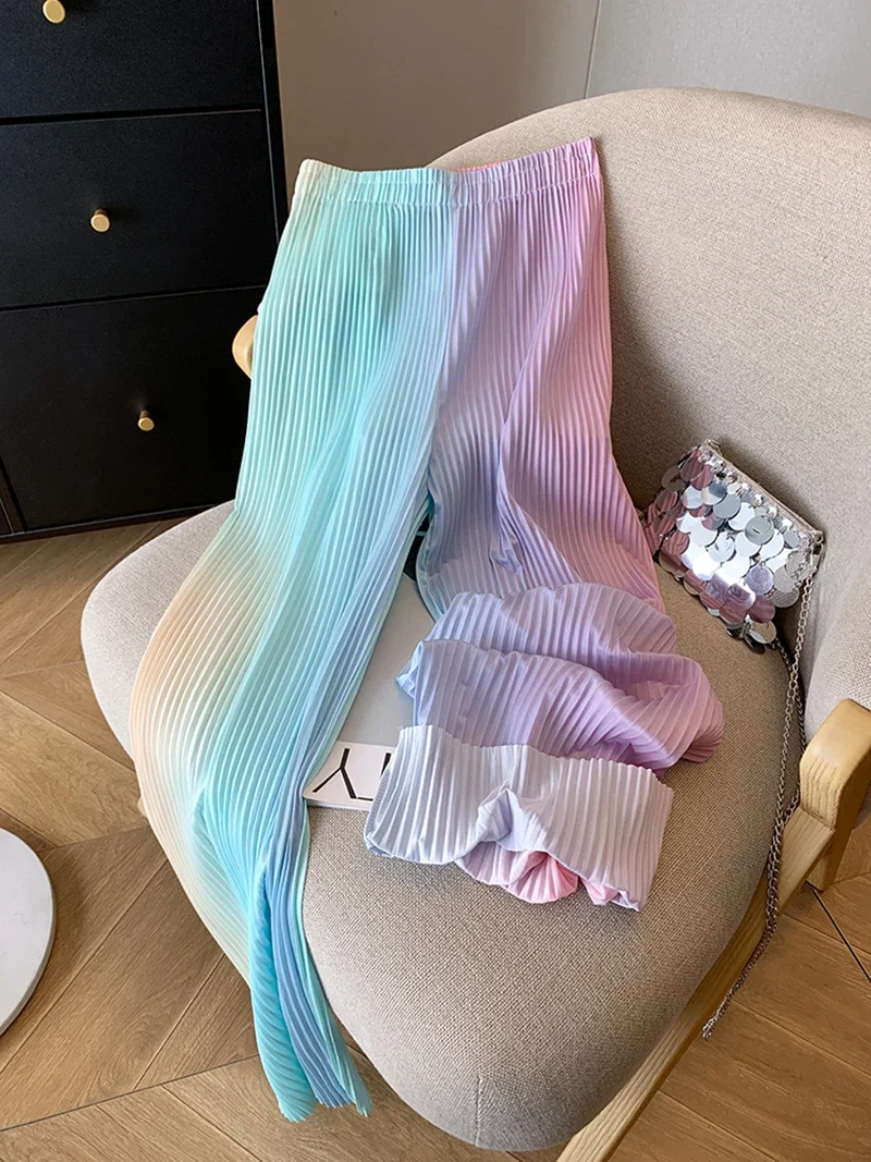 Drape ice silk pleated wide-leg pants high waist straight pants casual mopping pants multi-color tie-dye quick-drying pants