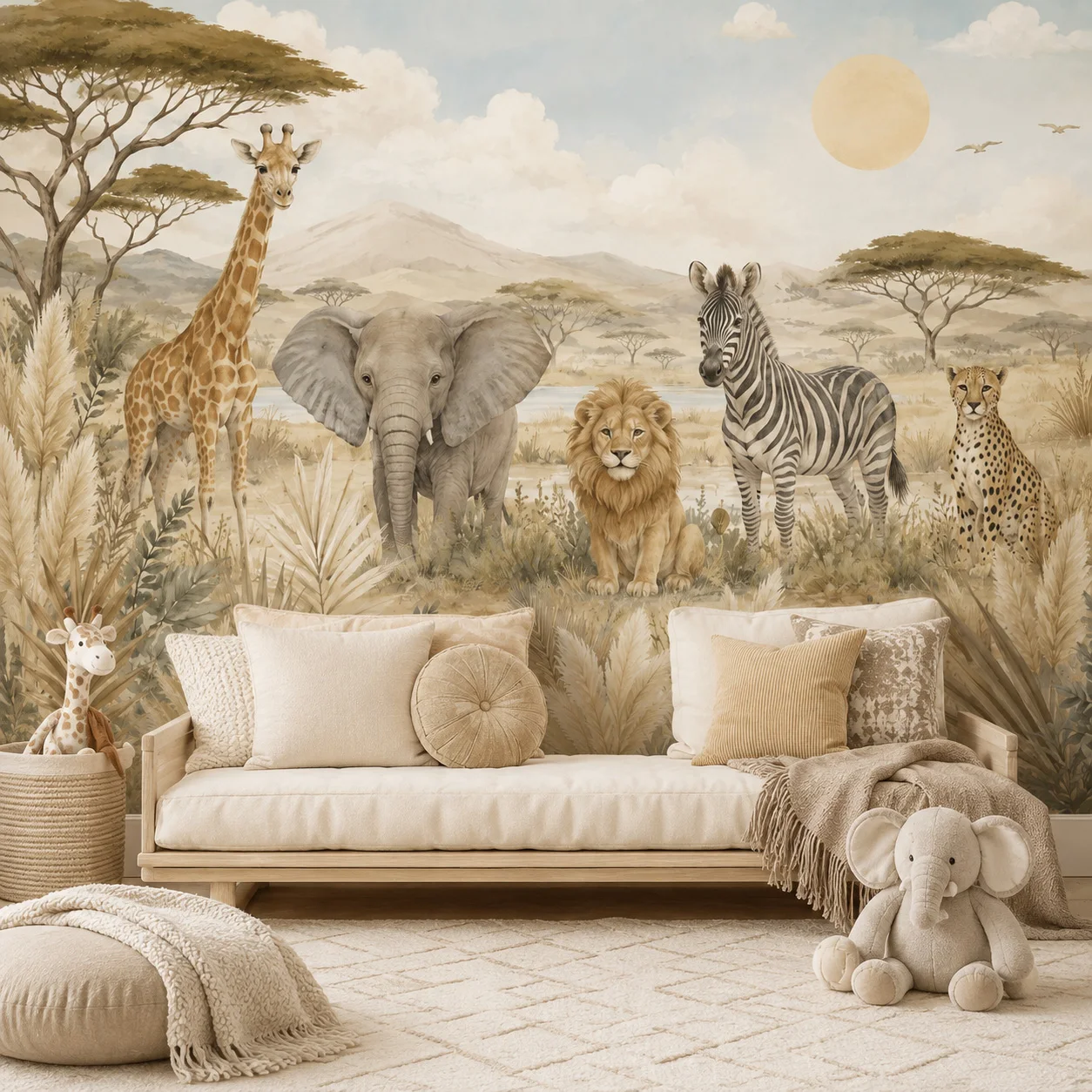 Kids Safari Animals Wallpaper Mural Giraffe Elephant Lion Zebra Cheetah Nursery Bedroom Wall Decor Non Self Adhesive