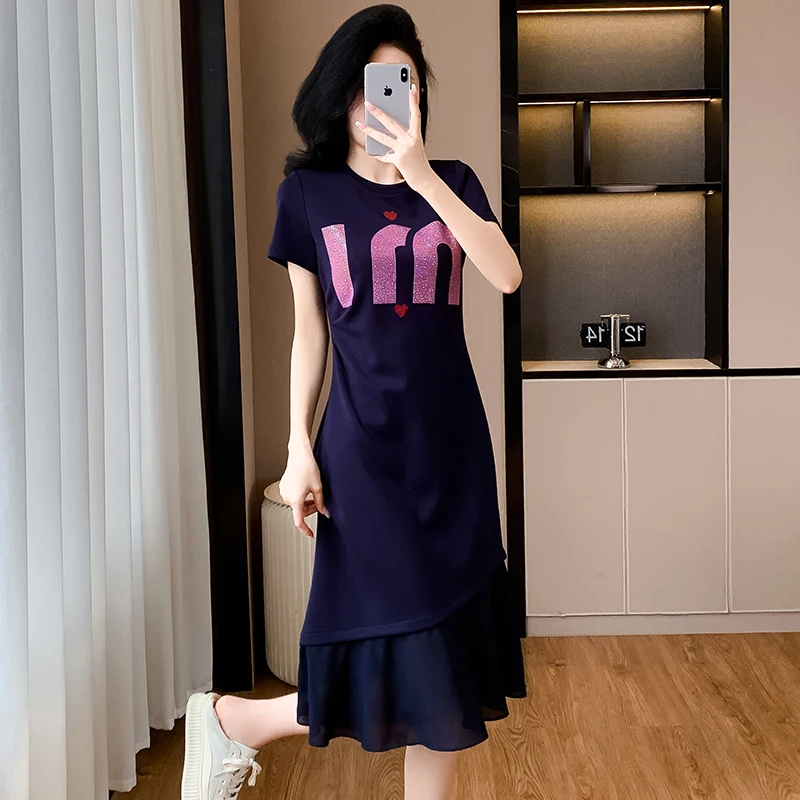 T-shirt in cotone da donna abiti estivi da donna O collo manica corta di grandi dimensioni elegante una linea blu Navy Slim Chiffon Ruffles Vestidos