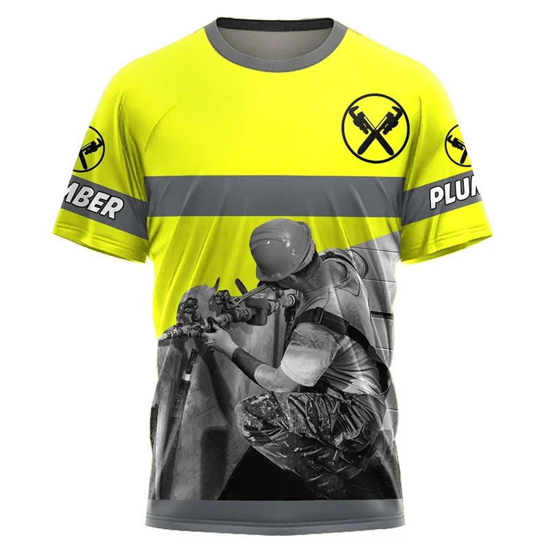3D Printed Funny Men's T-Shirt Plumber Uniform Summer Casual Crew Neck Short Sleeve Top Fashion Mechanic Workwear Loose Breathab