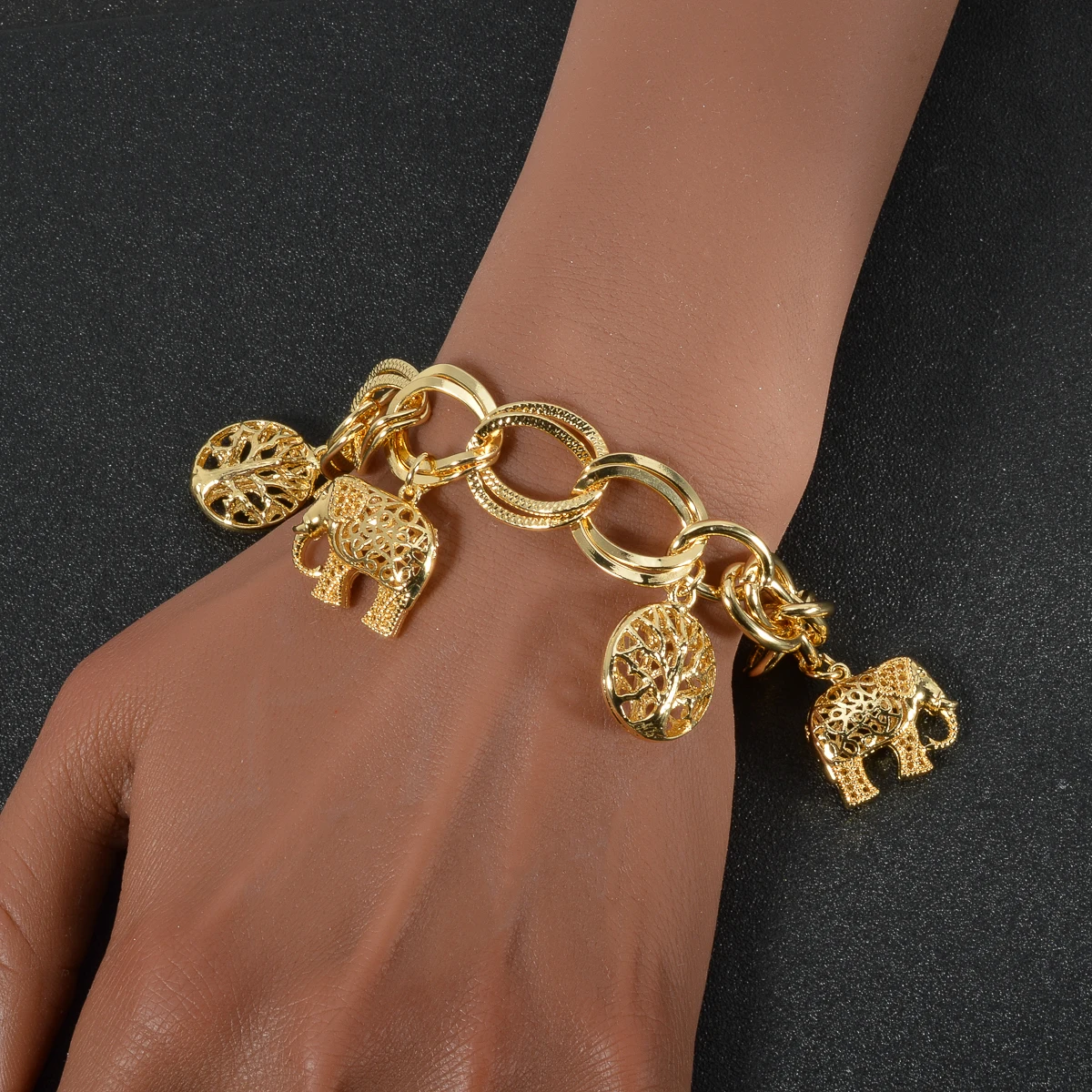 Elephant Life Tree Charm Bracelet Women Chunky Link Chain Vintage Hollow Carved Boho Bangle Animal Pendant Daily Jewelry Gift