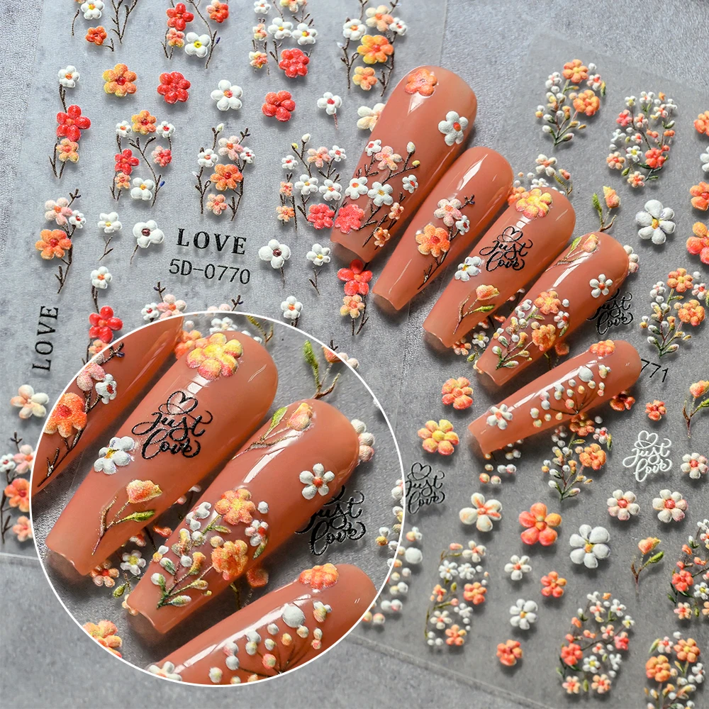 

1/2/4Pcs 5D Retro Spring Summer Flower Nail Stickers Fresh Orange Purple Floral Nail Art Decals Adhesive DIY Manicure Decoration