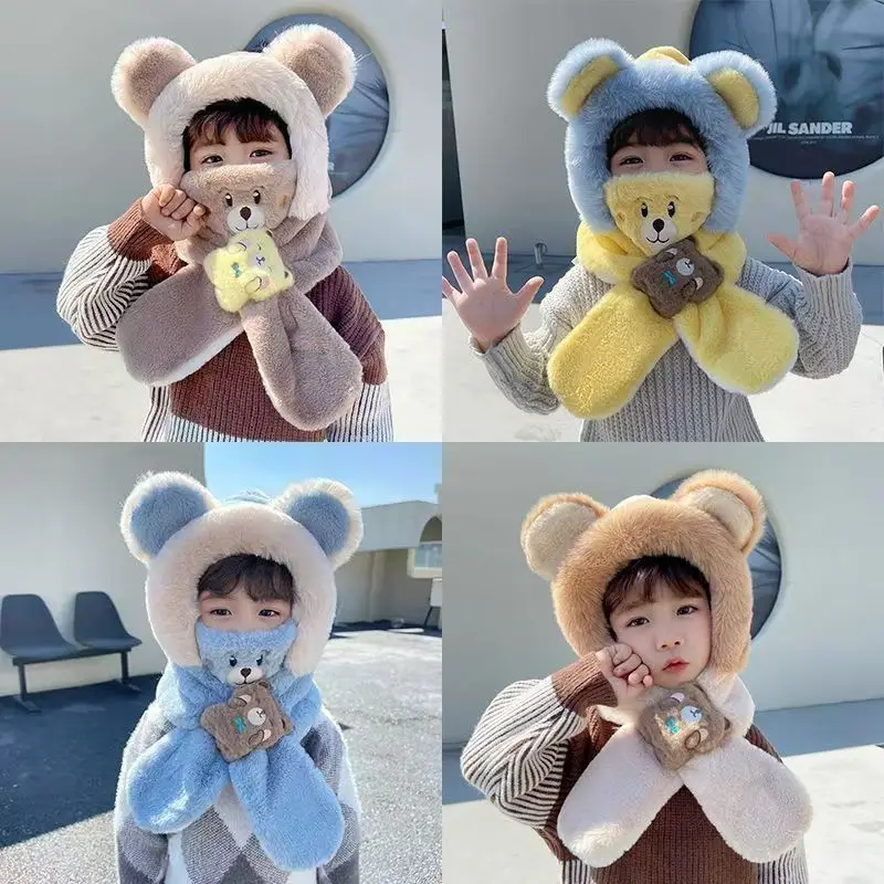 

Children's Winter Hat Scarf Boys Girls' Velvet Hat Windproof Cold Ear Protection Mask Detachable 3-piece Set 4m831