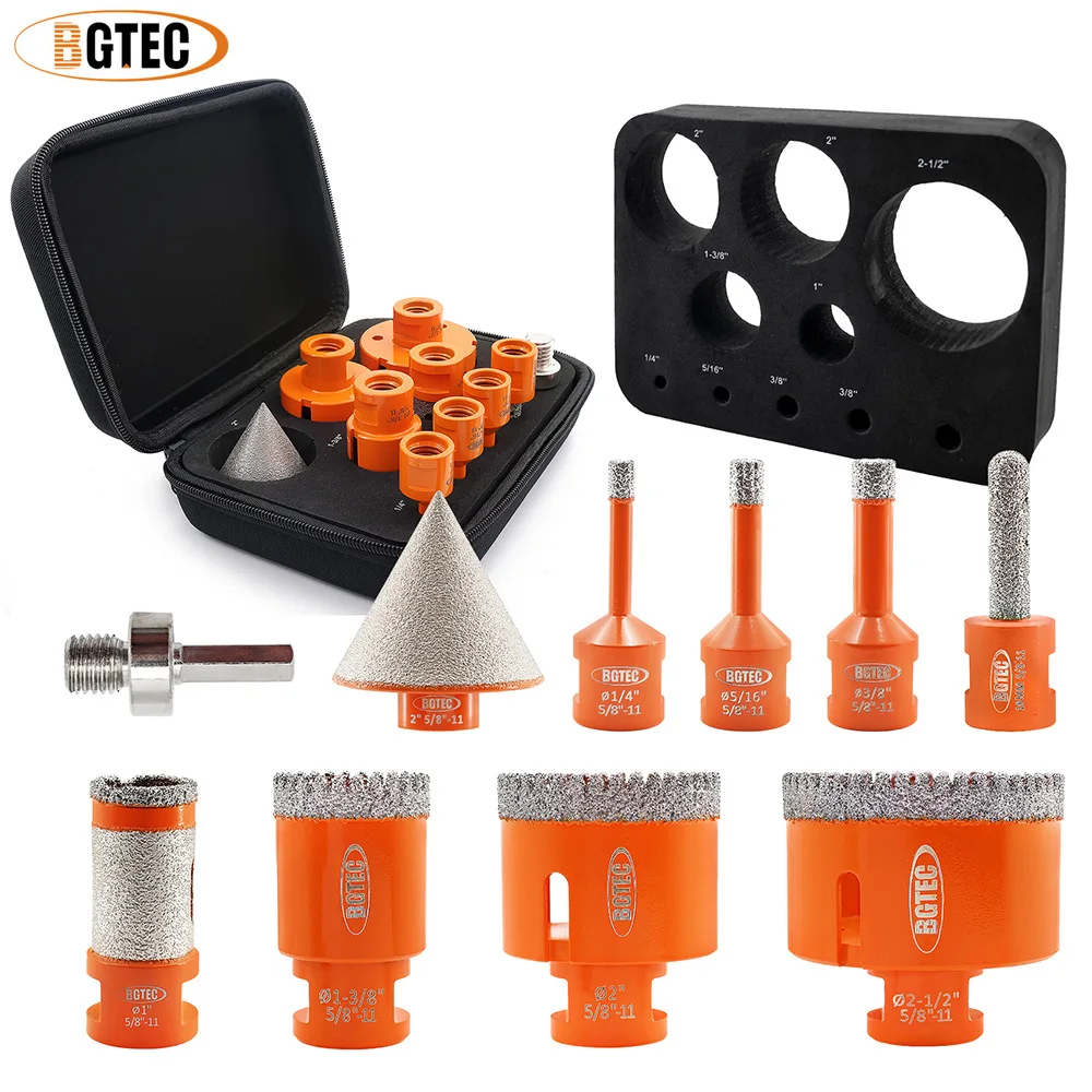 

BGTEC EVA Kit 10pcs 6/8/10/35/50/65mm 5/8 Diamond Drill Bit+10mm Grinding Rod Arc+2" Chamfer+25mm Drill Grinding Rod+HEX Tile