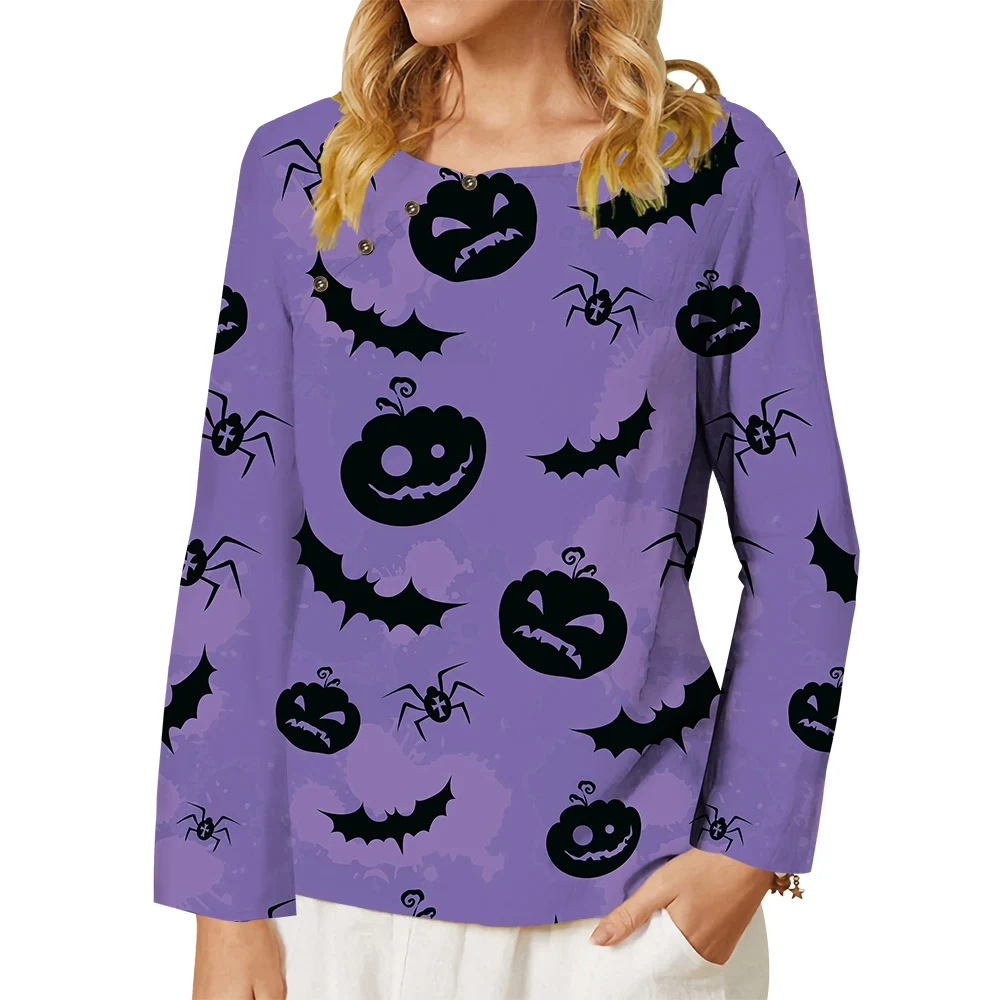 CLOOCL Women Blouse Bat Spider Jack-o-lantern Halloween Series Print Tee Female Long-sleeved Shirt Button Decorate Streetwear