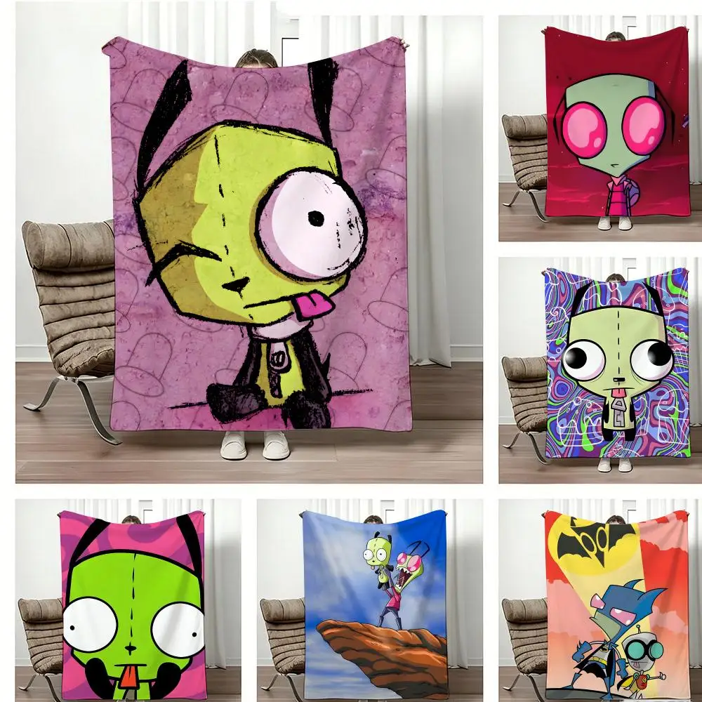 2D Hand drawn Cartoon I-Invader Zim Throw Lightweight 240g Flannel Blanket Soft Skin-friendly for Summer Cooling
