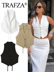 TRAFZA 2024 Summer Woman Blazer Vest V Neck Sleeveless Slim Short Tops Buttons Back Chic Bow Lace Up Wild Women's Waistcoat Top