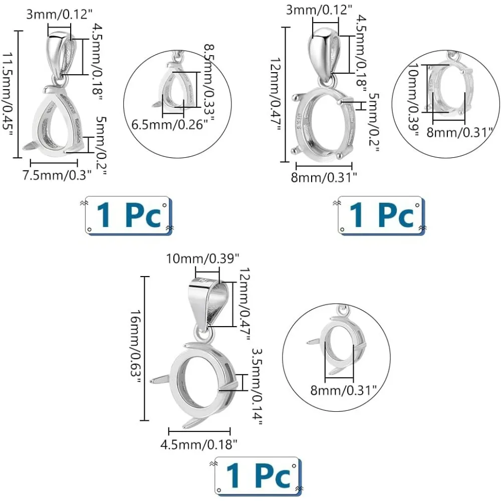 3pcs 925 Sterling Silver Pendant Blank 3 Styles Pendant Tray Setting Round Oval Teardrop Pendant Base Gemstone Support for