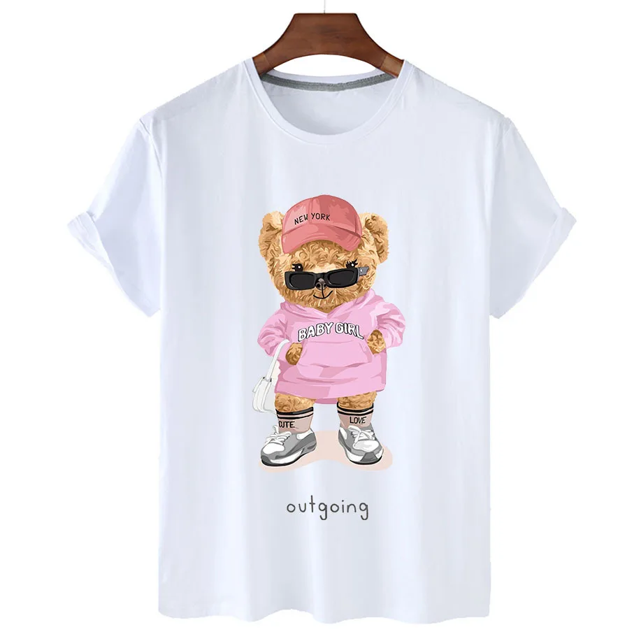 100% Cotton Sunglasses Girls Bear T Shirt Summer T Shirt Women Short Sleeve O Neck T Shirt Unisex Plus Oversized Women T Shirt