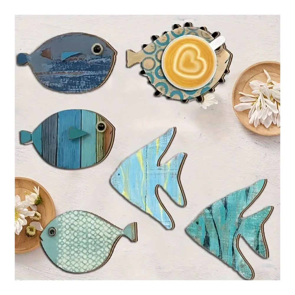 

Set Wooden Fish Shaped Coasters, Beach Theme Tabletop Kitchen Decor, Ocean Style Home Decor, Coffee Beverage Tea Cup Mats, Home