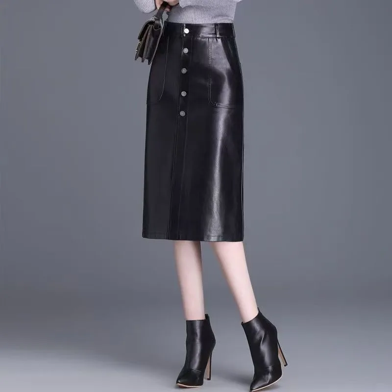 

Sexy Slit Long Skirt 2025 New Slim High Waist Leather Skirt Women's Autumn and Winter Skirt High-end Mid-length Hip Skirt