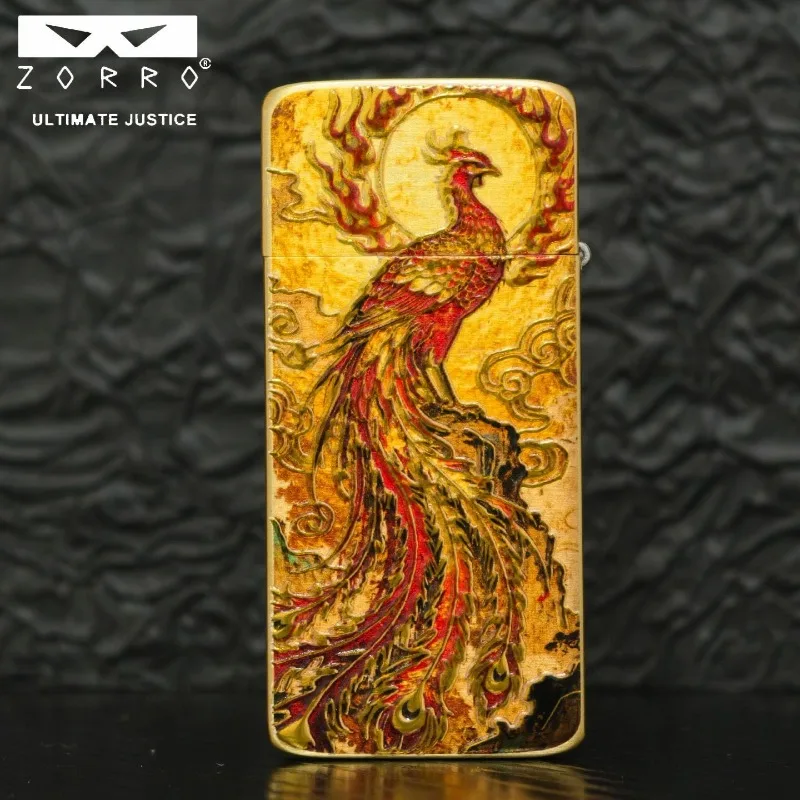 ZORRO Ultra-thin 3D Embossed Dragon and Phoenix Auspicious Pure Copper Lighter ZC5 Second Generation Double-Sided Engraving