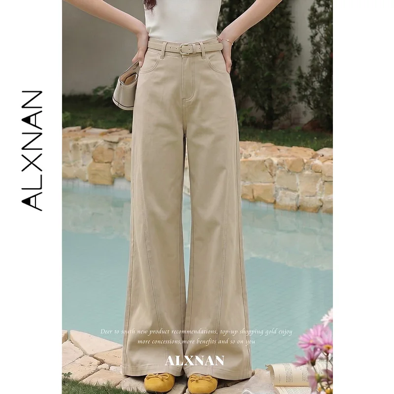 ALXNAN 2026 Summer Women's Khaki Jeans Slanted Moon Pockets Straight Wide Leg Pants Casual Loose-fit Ladies Clothing L67159A