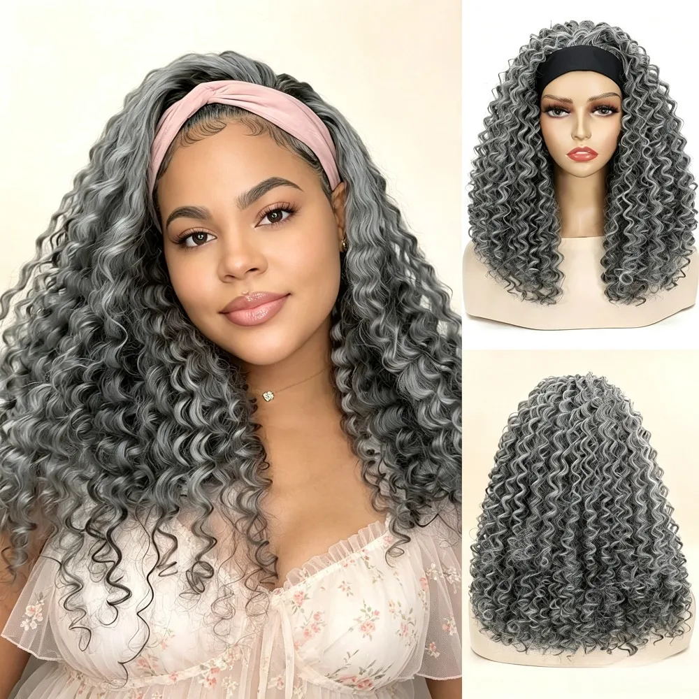 Kinky Curly Grey Headband Wig for Black Women – Silver Synthetic Loose Wave, Glueless Scarf Wig, Natural Volume, Daily Wear & Go