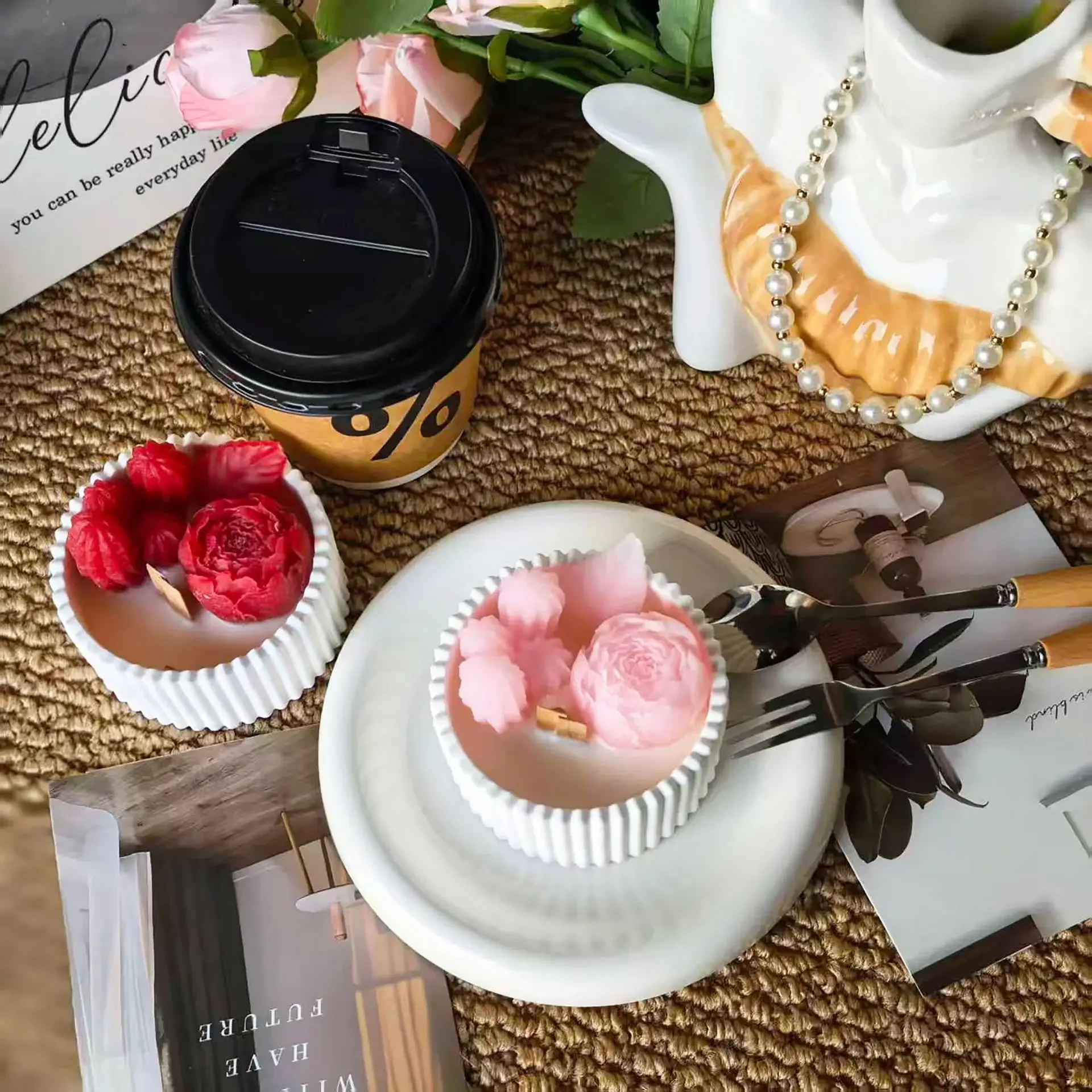 2pcs Floral Rose Cup Scented Candle, Ceramic Jar Aroma Wax Bedroom Decor Birthday Wedding Holiday Souvenir Gift