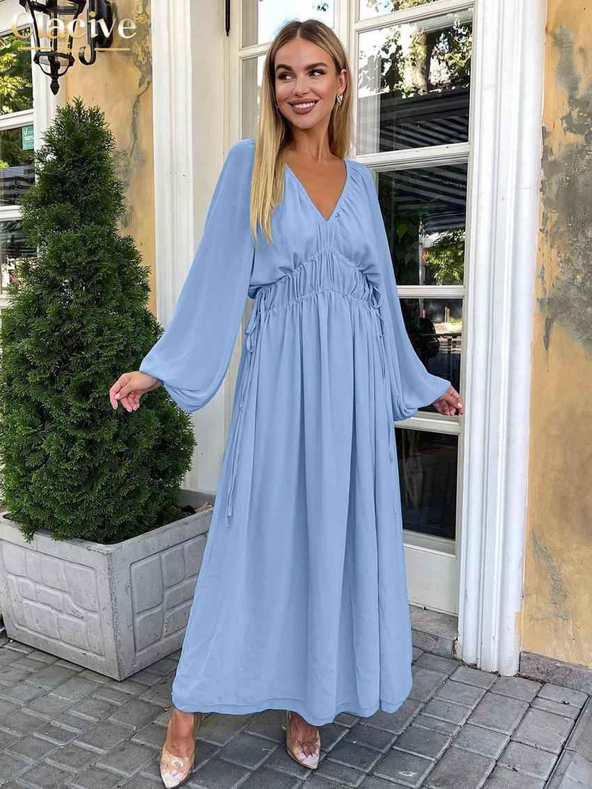 

Clacive Fashion Loose Blue Women's Dress Casual V-Neck Puff Sleeve Ankle Length Dresses Elegant Classic High Waist Female Dress